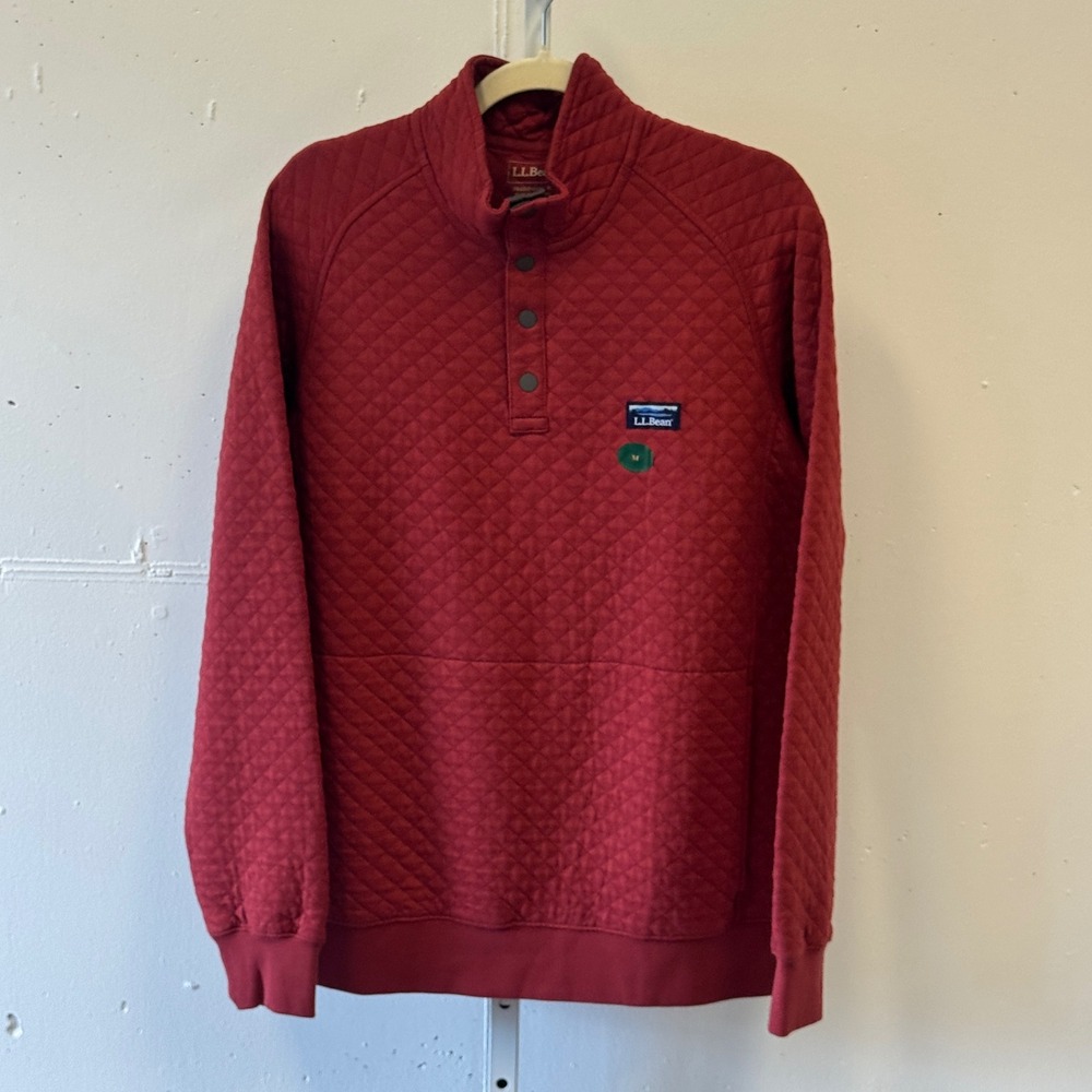 NWT L.L. Bean Quilted Sweatshirt Mens Medium Cabin Red Snap Neck Pullover 509332